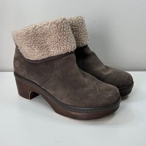 Clarks Collection‎ Ankle Boots Women 6 Dark Brown Suede Shearling Wedge